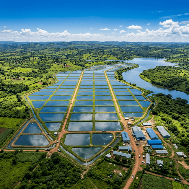 Large scale modern aquaculture farm aerial view