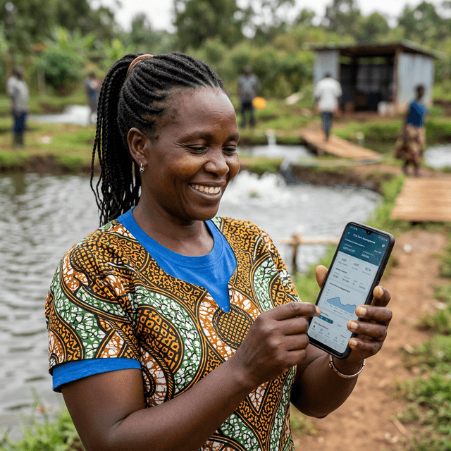 Aquaculture worker using AVCA Connect app on a smartphone